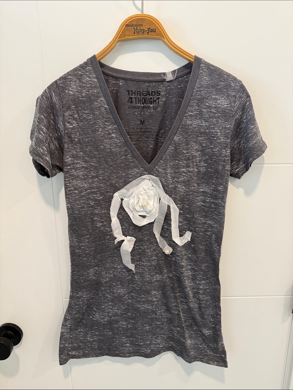 Threads 4 Thought Charcoal V-Neck Tee with White Floral Appliqué